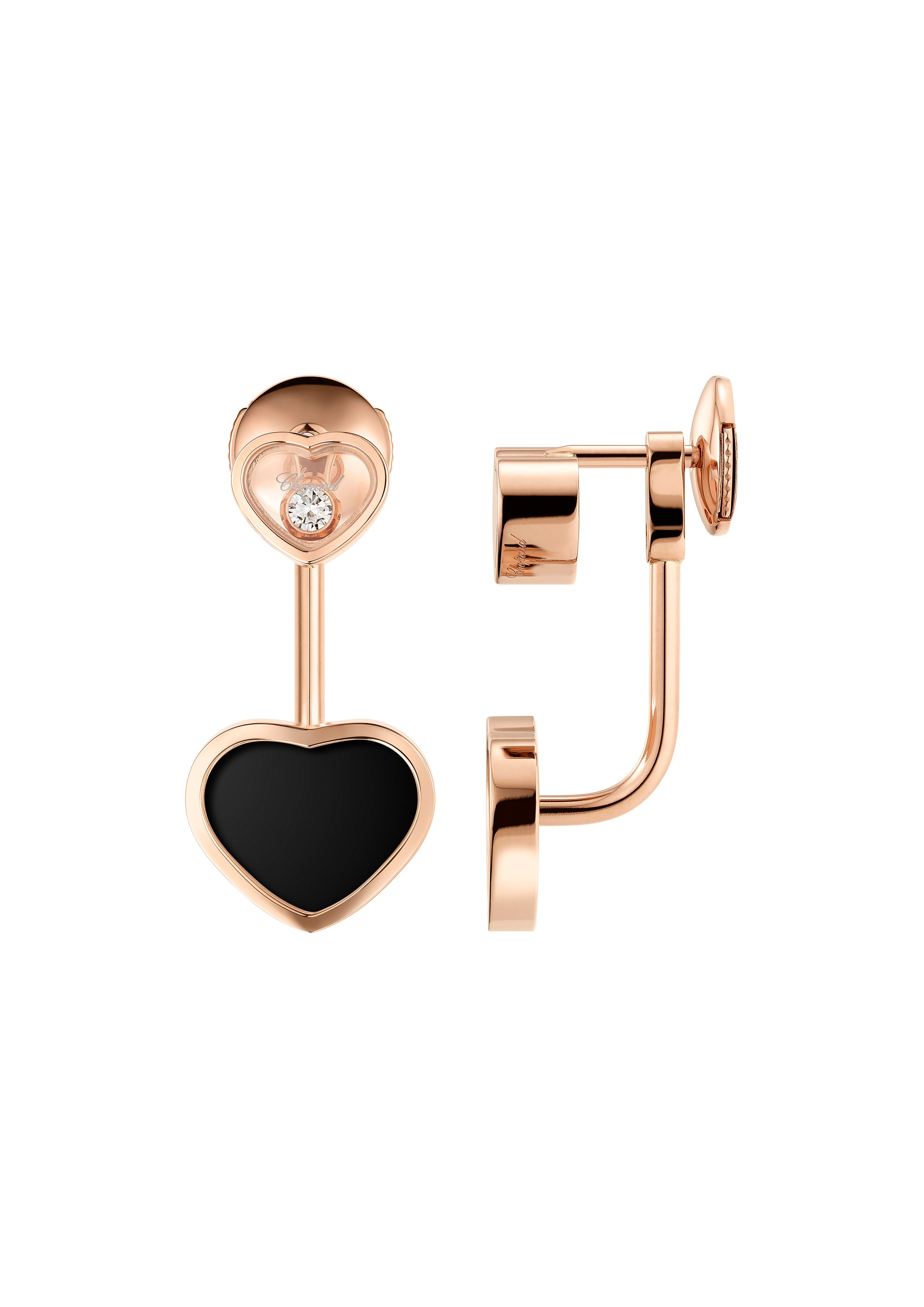 Happy Hearts Pendientes, Oro Rosa Ético, Diamantes, Ónice - Imagen 2